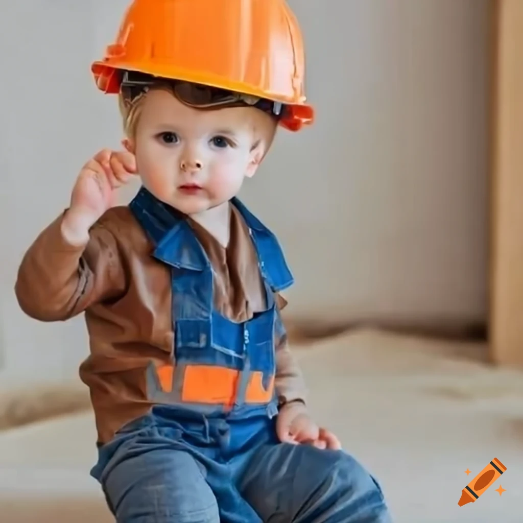 toddler boy in leather workwear outfit on building site