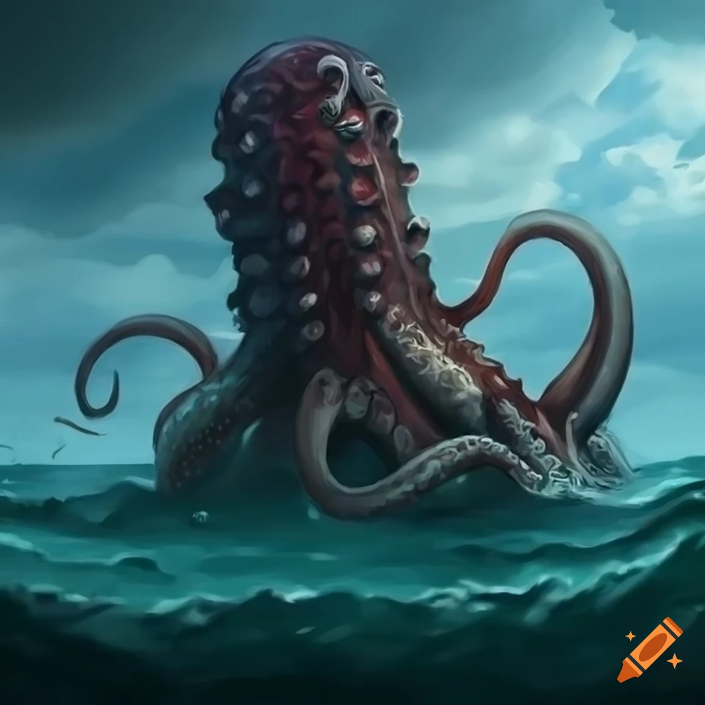 Giant kraken attacking a port town in fantasy art style on Craiyon