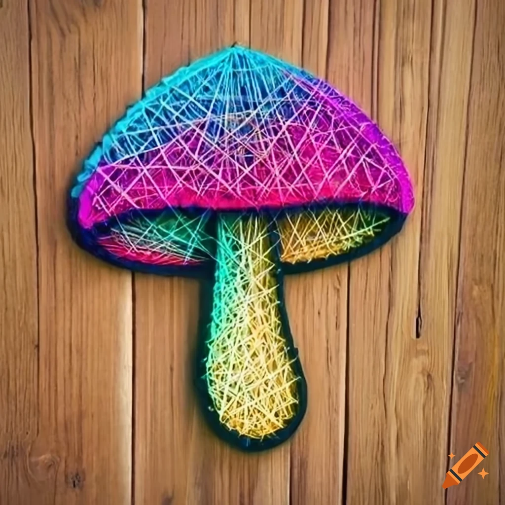 Colored string art mushroom on wooden wall on Craiyon