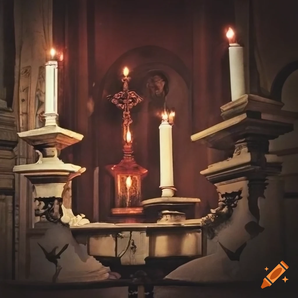 haunted church sanctuary with candelabras and classic car