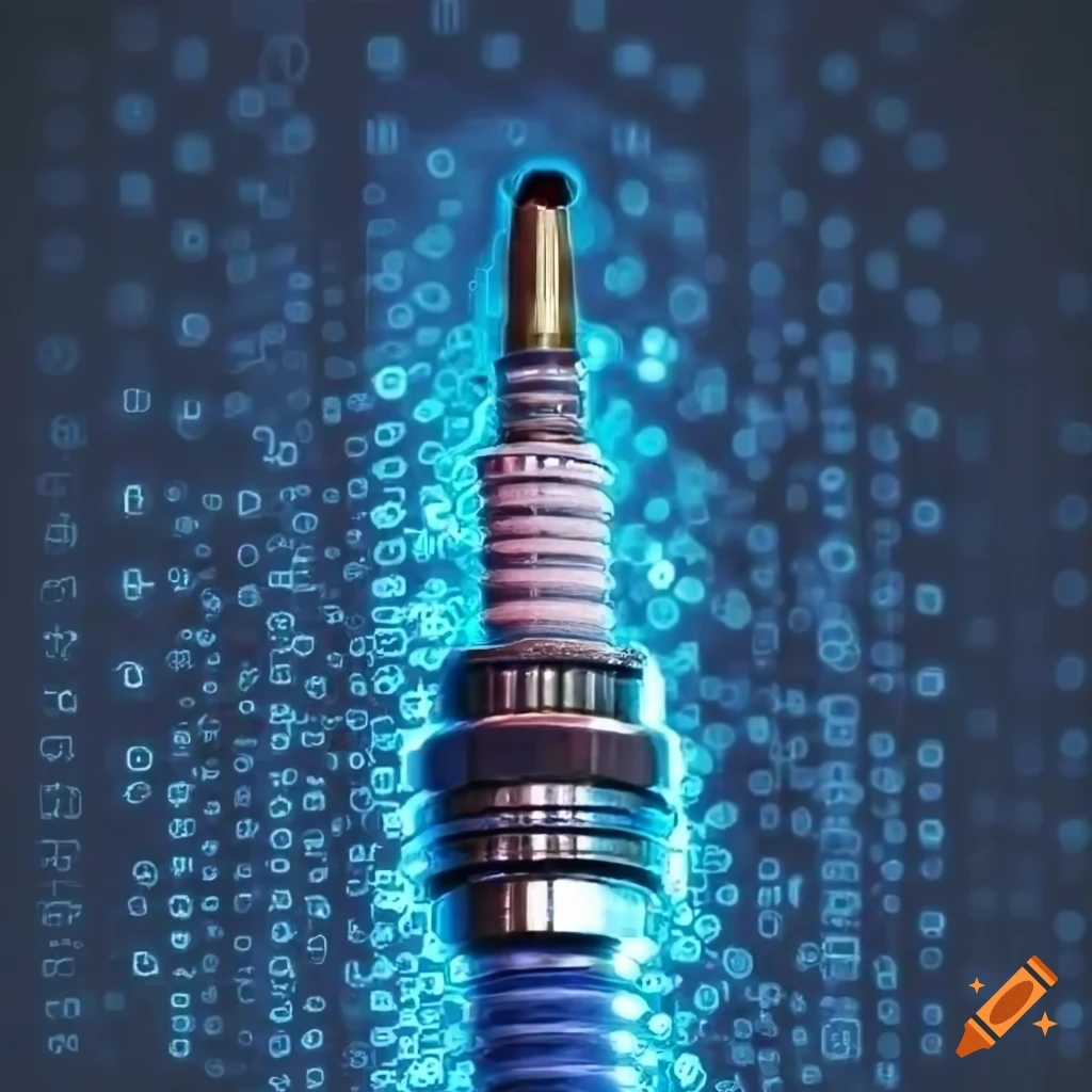 blue futuristic spark plug made of binary data