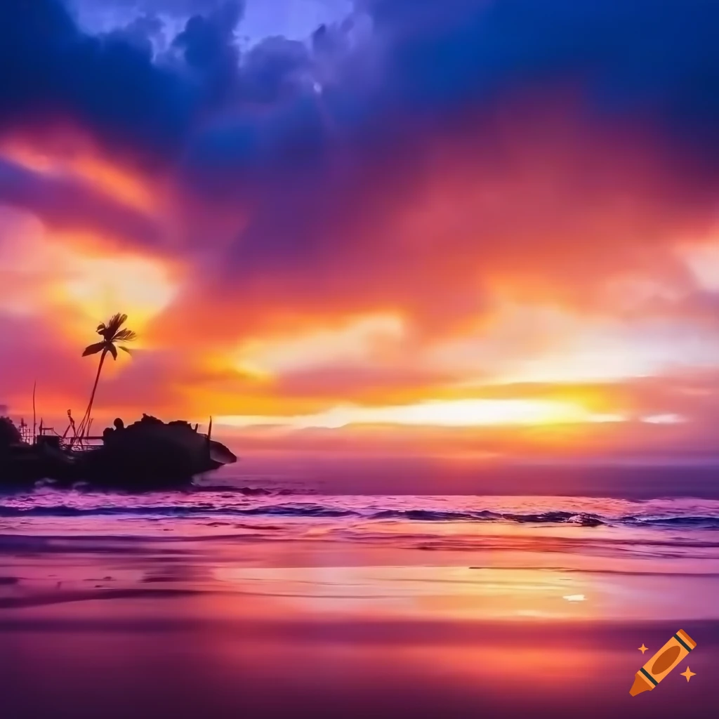 dramatic sunset at the beach with palm trees