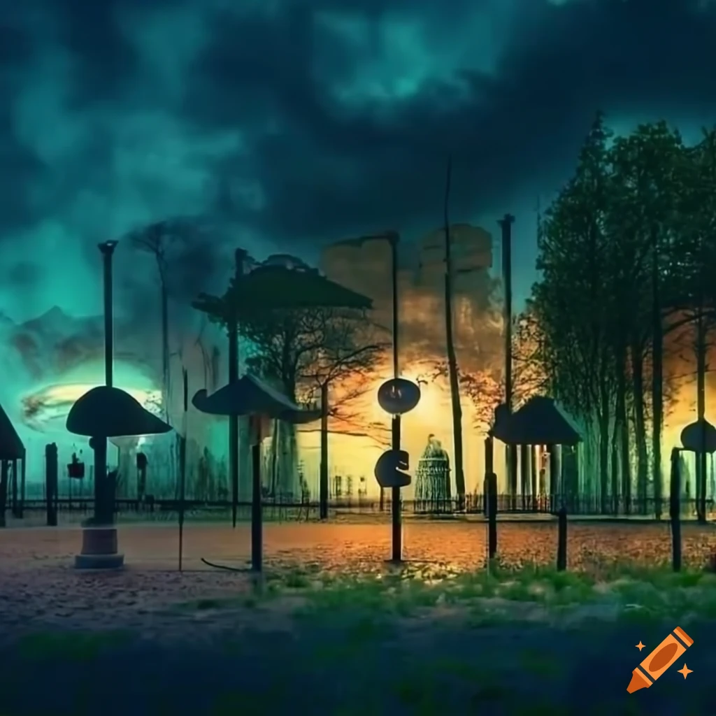 surreal urban park with magic design elements
