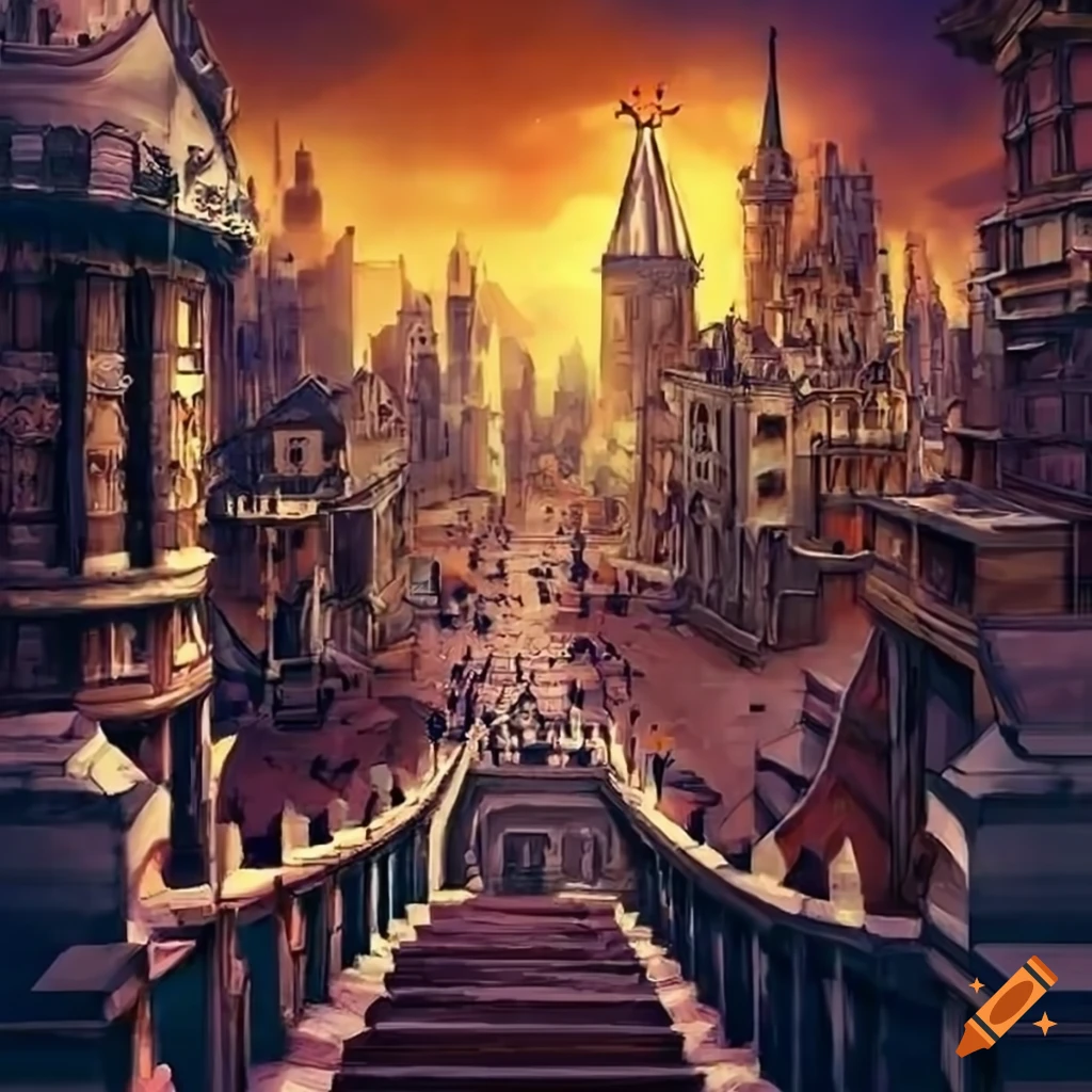 steampunk fantasy cityscape with multiple levels and stairs