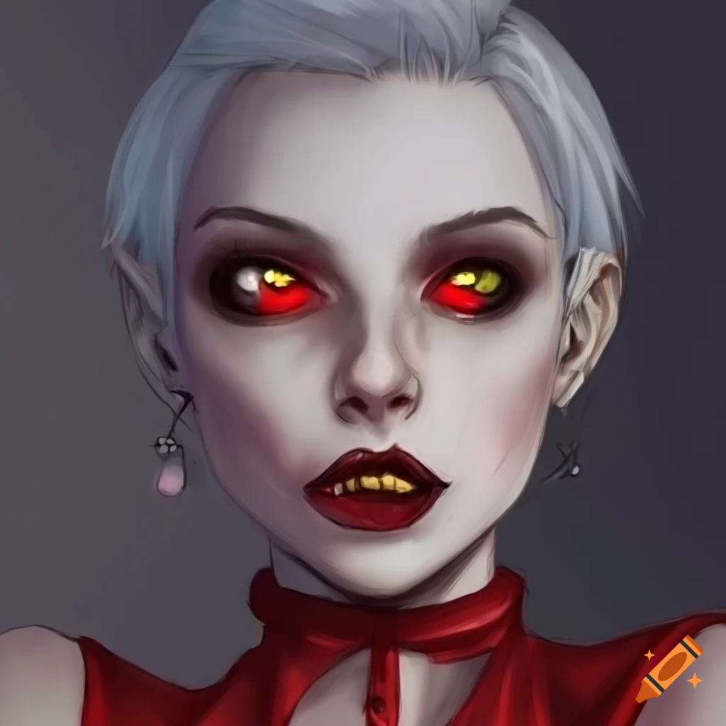 Digital artwork of a female vampire with white hair and red eyes