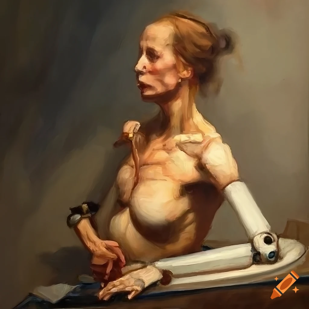 oil painting of a figure with robotic limb