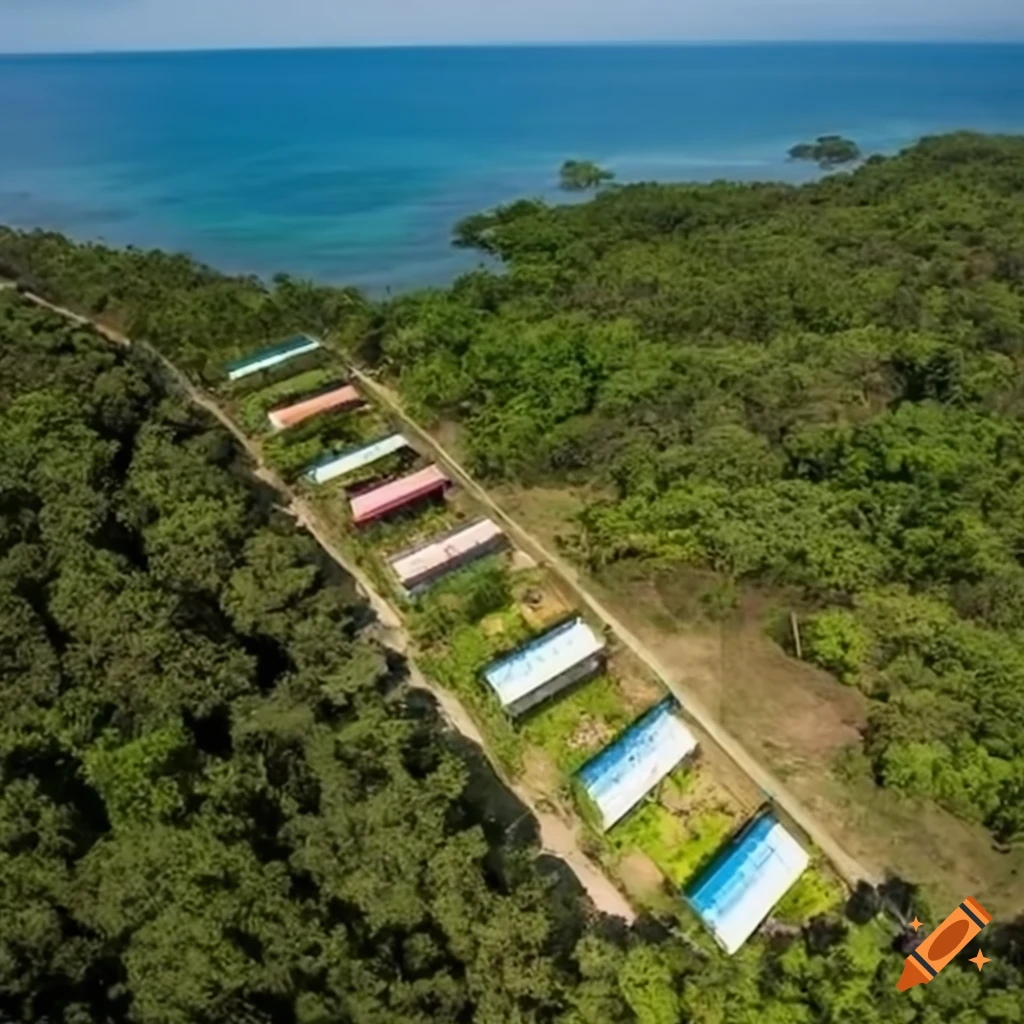 Aerial view of container homes in a jungle environment on Craiyon