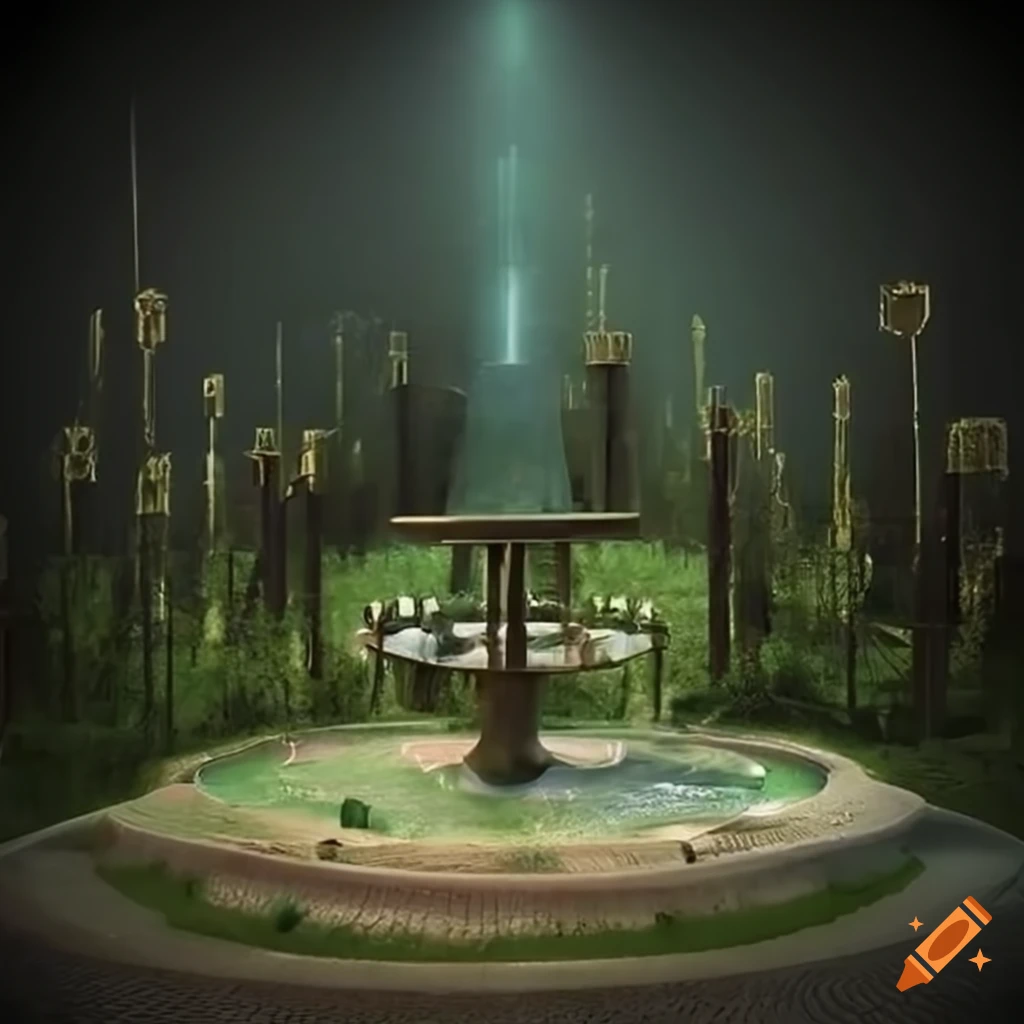 surrealist park with futuristic gothic elements