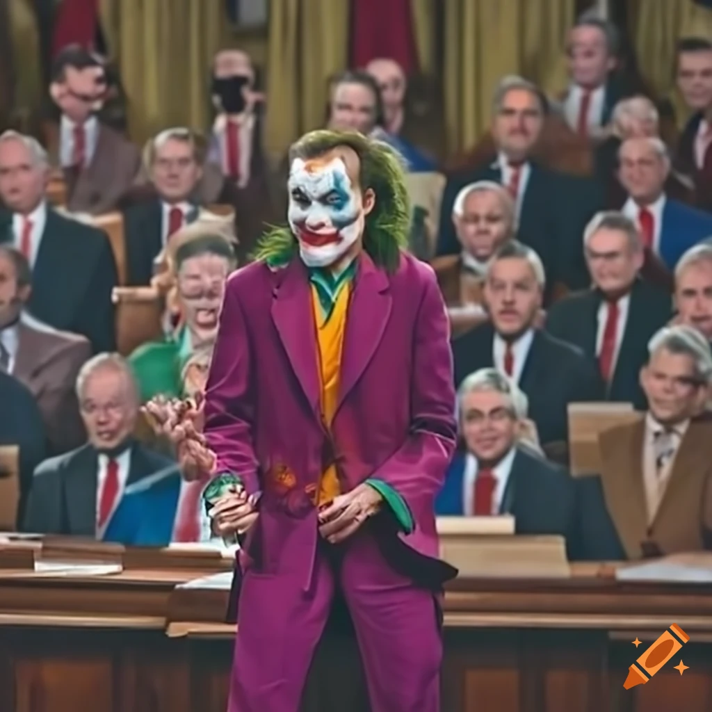 Satirical image of joker delivering a speech on Craiyon