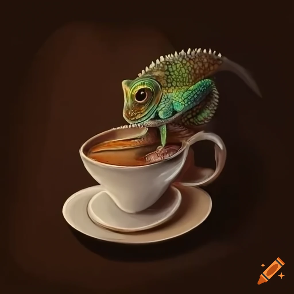 chameleon enjoying a cup of coffee