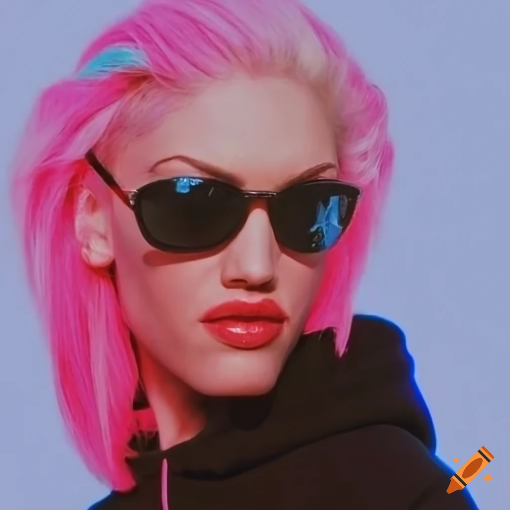 Gwen Stefani with bright pink hair in a black hoodie
