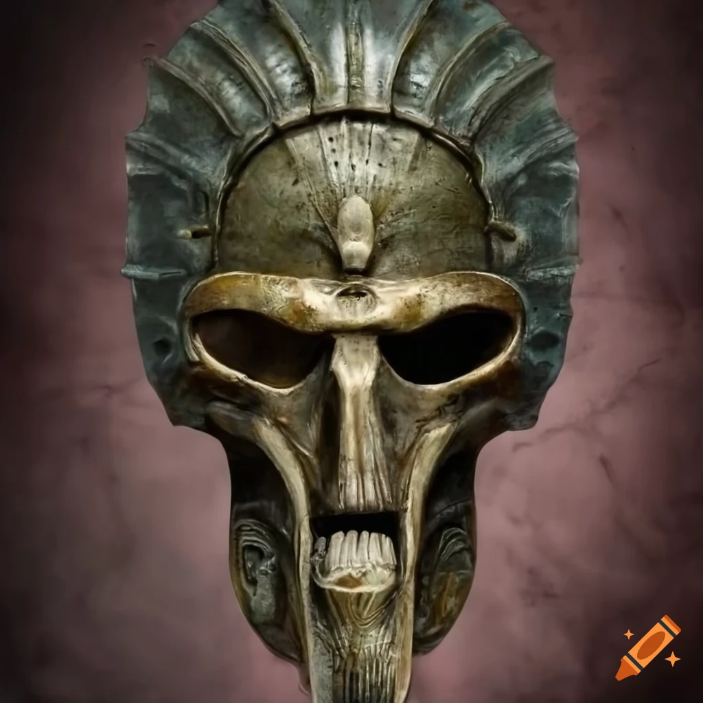 Bronze biomechanical death mask on arena texture background on Craiyon