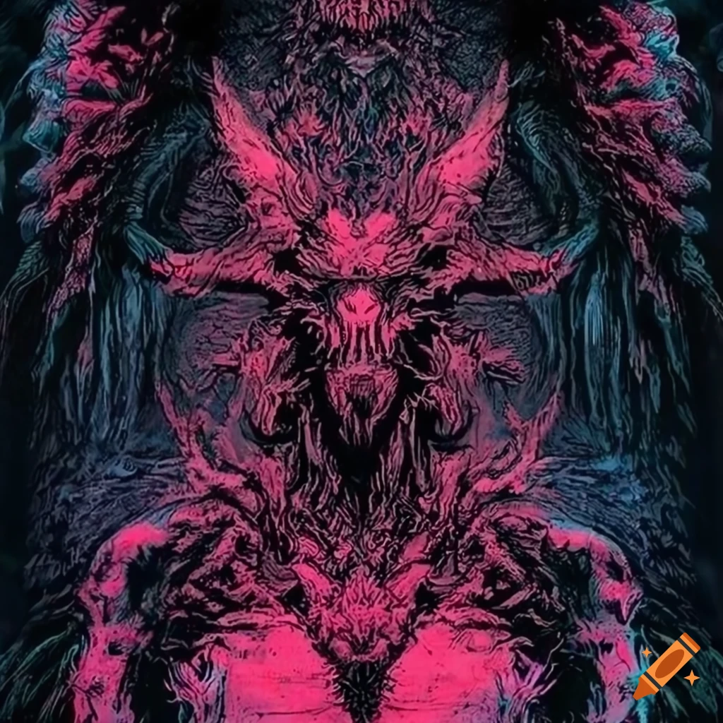 highly detailed mythical creature design on a black and red metalcore band t-shirt