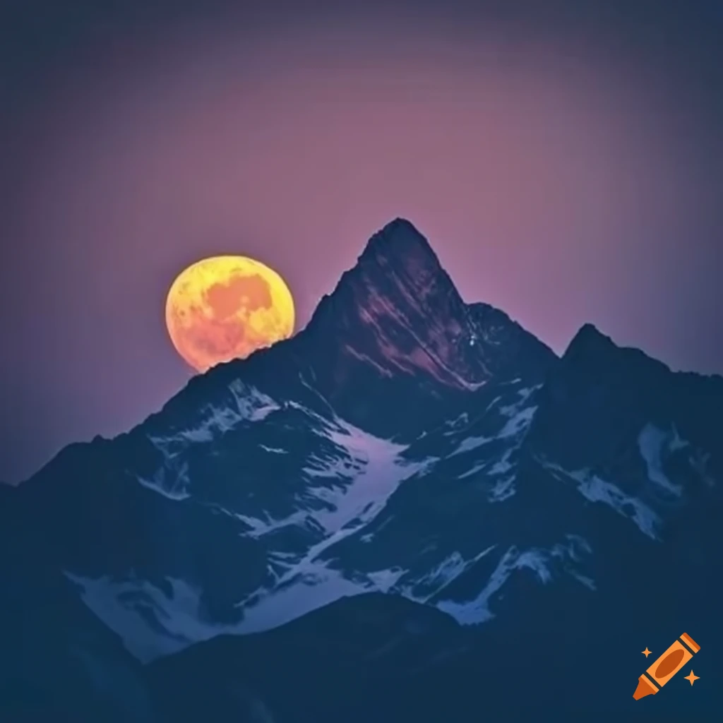 Dramatic view of a half-covered full moon behind a mountain