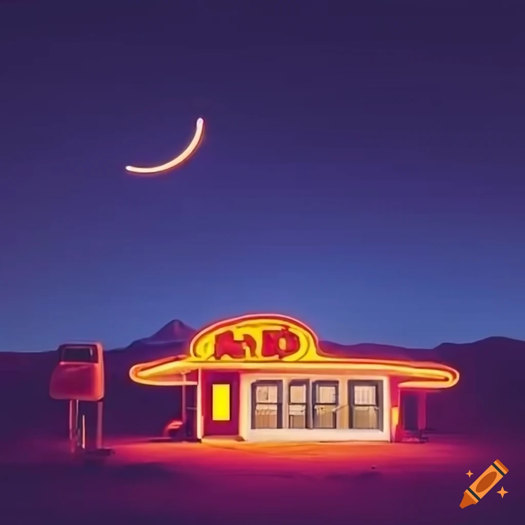 night time googie style motel in the desert