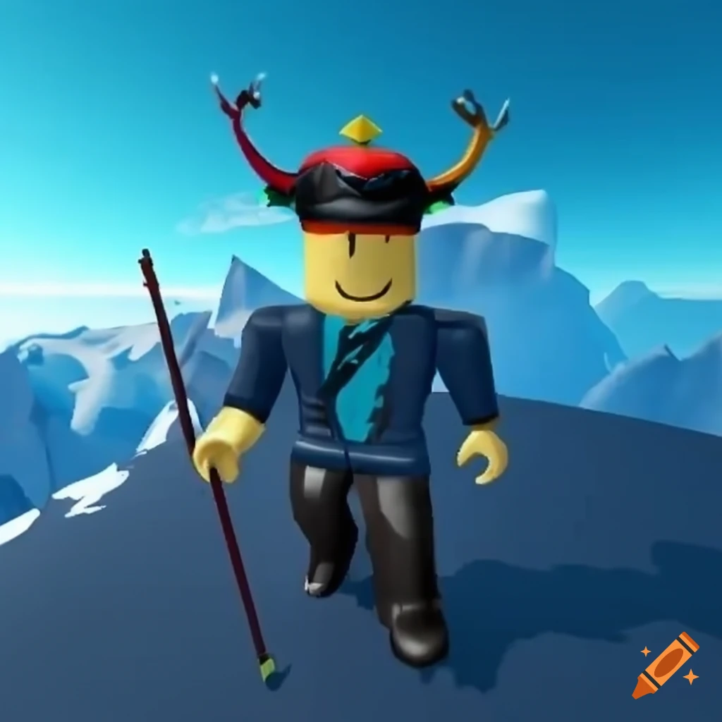 A angry roblox character with a sky background behind him while standing on  a block