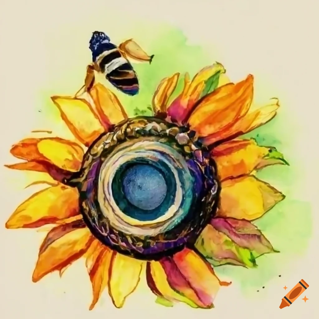 doodle of a camera made from sunflower petals with a bee