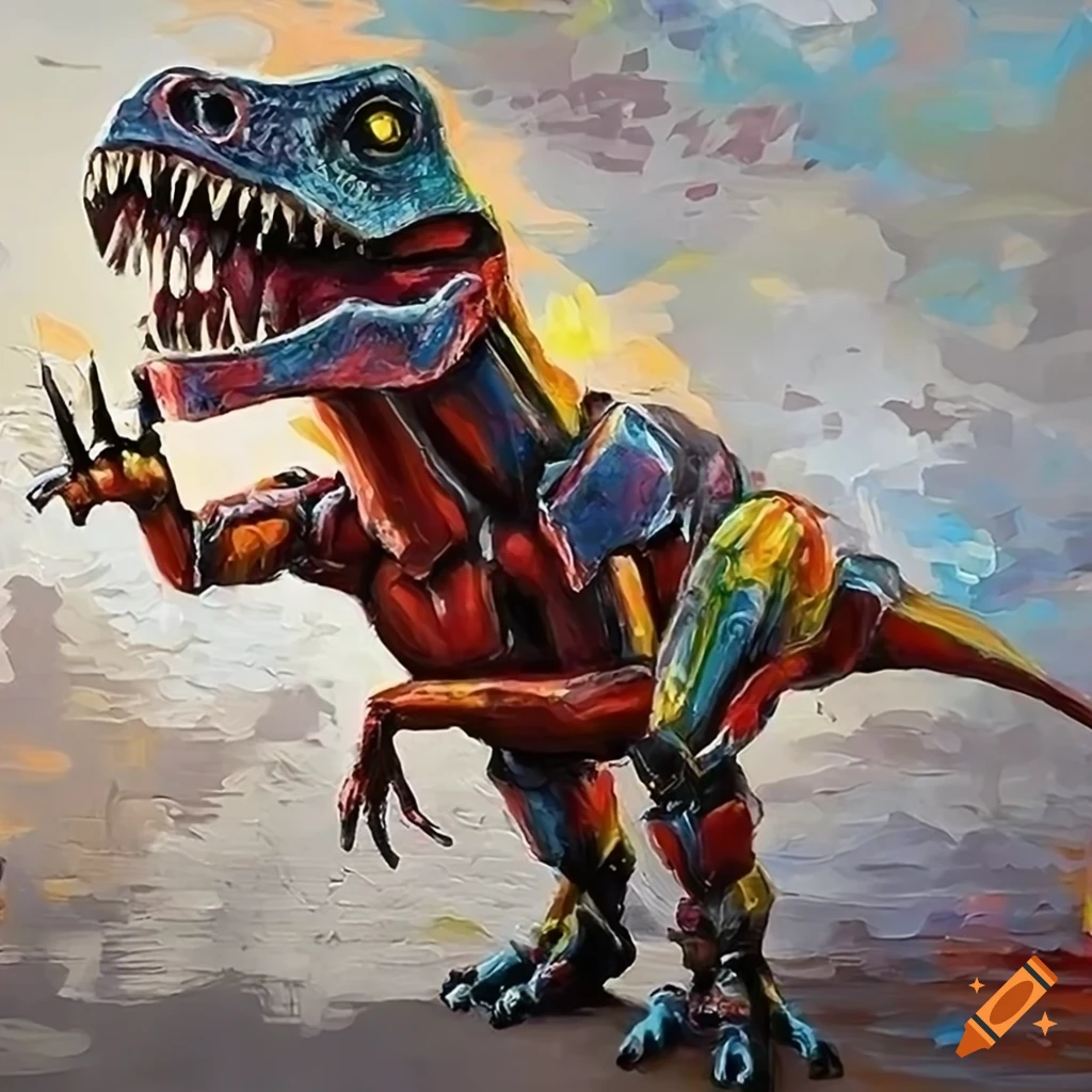 oil painting of a robotic dinosaur on a rock wall