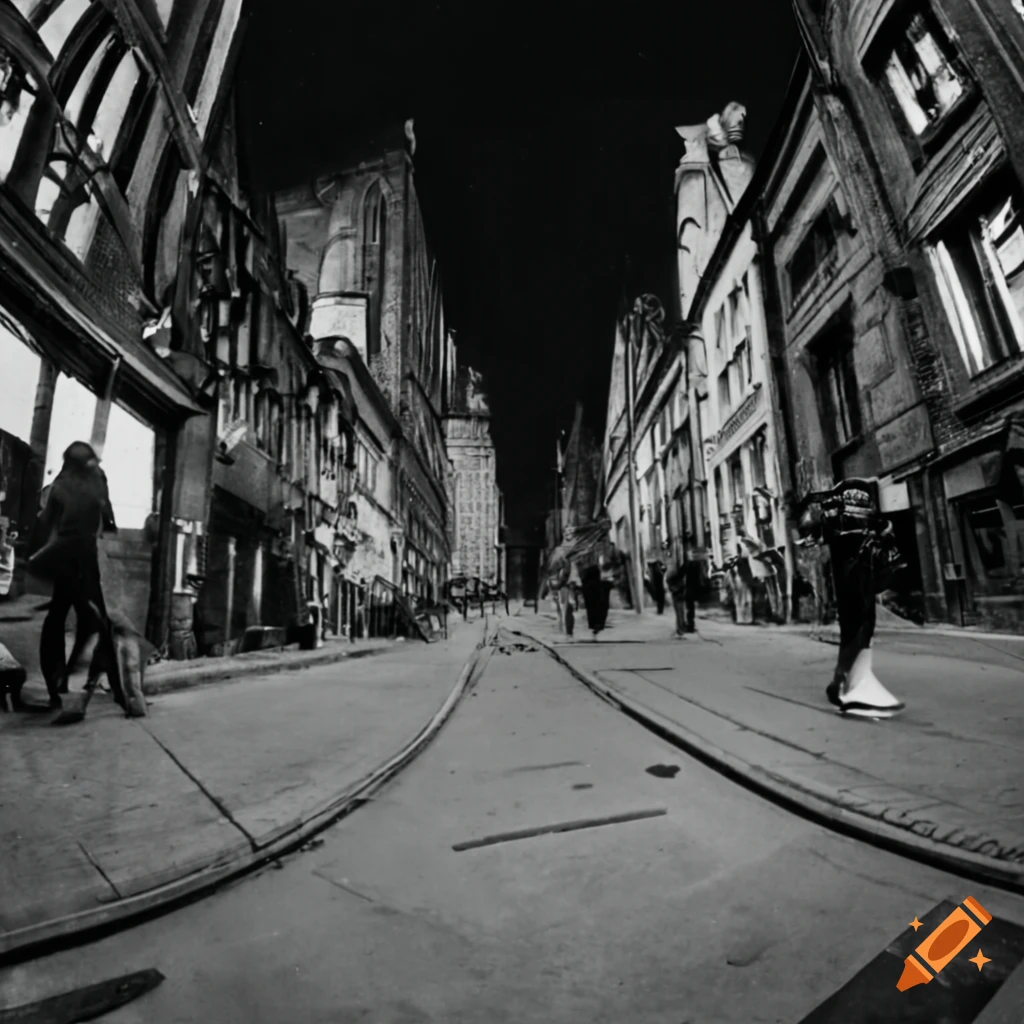 vintage fisheye photo of a 1920s mafia street