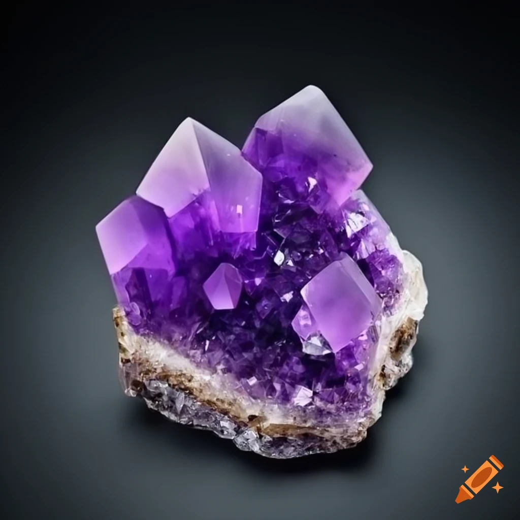 Shiny amethyst crystal cluster from top view on Craiyon