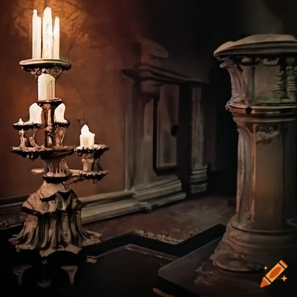 haunted church sanctuary with candelabras and classic car