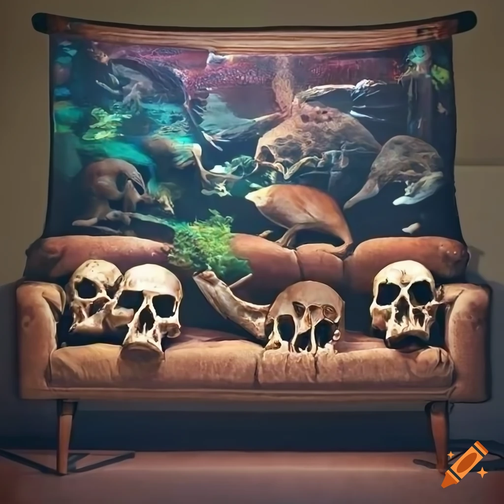 Punk living room with animal skulls, vintage wallpaper, lamp, and