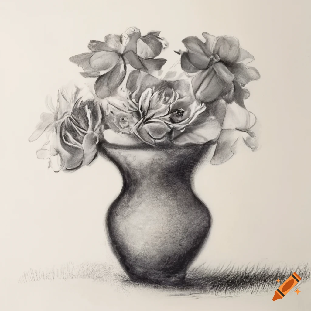 Graphite Drawing Of Flowers In A Vase