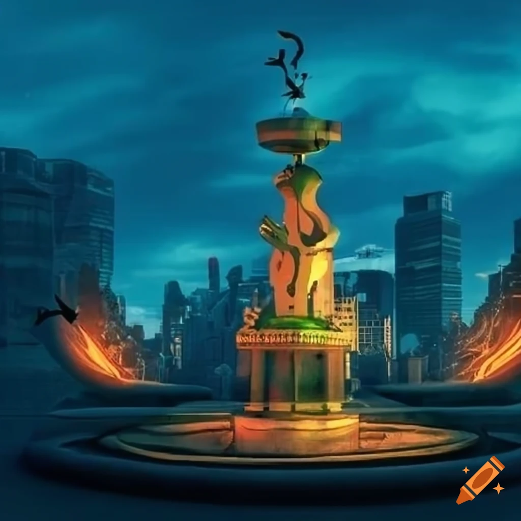 surreal urban park with futuristic elements
