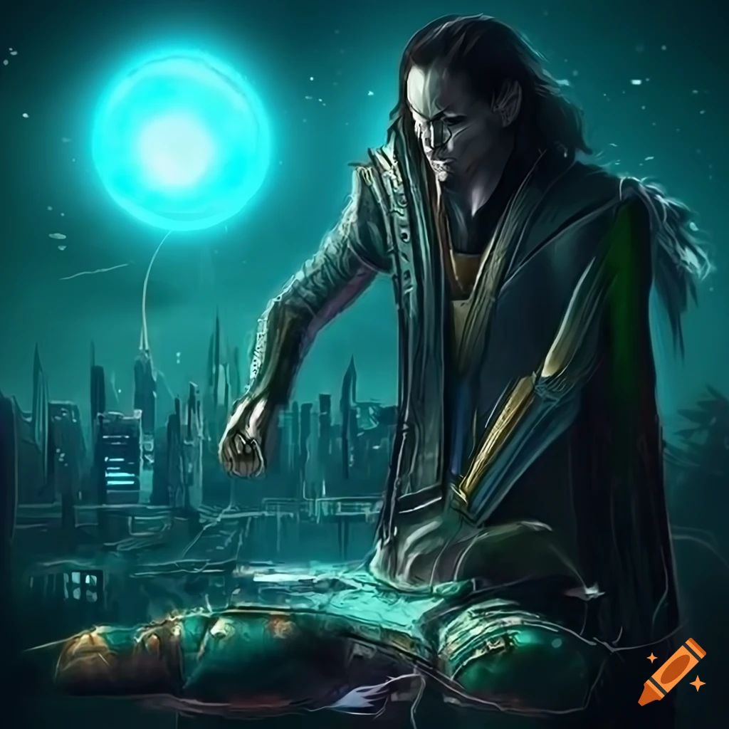 digital artwork of Loki in a futuristic city