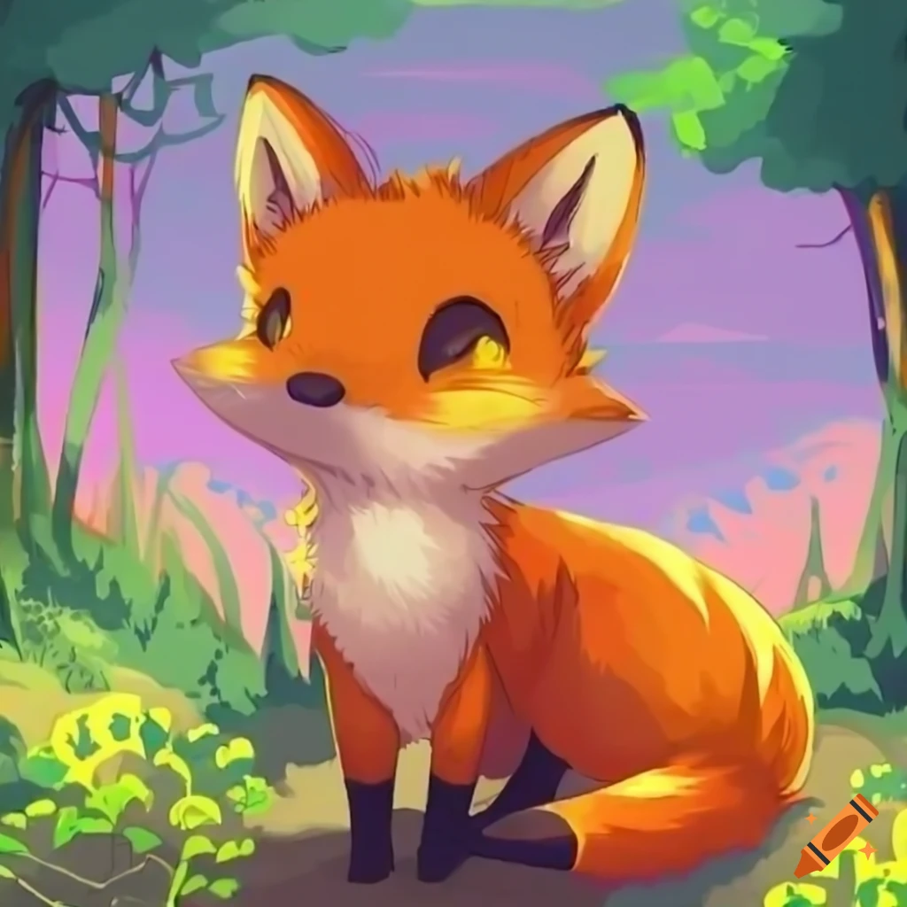 chibi fox in a scenic countryside