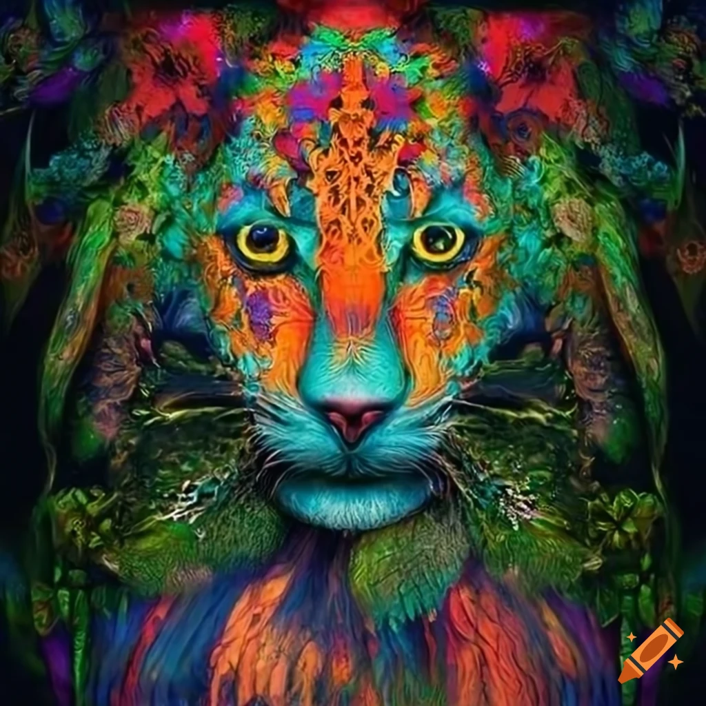 Bengal tiger face, tiger majestic, roar, psychedelic, vivid color line art
