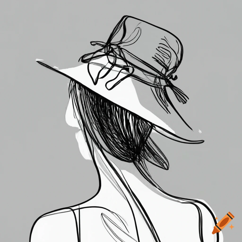 elegant black and white line drawing of a woman with a hat