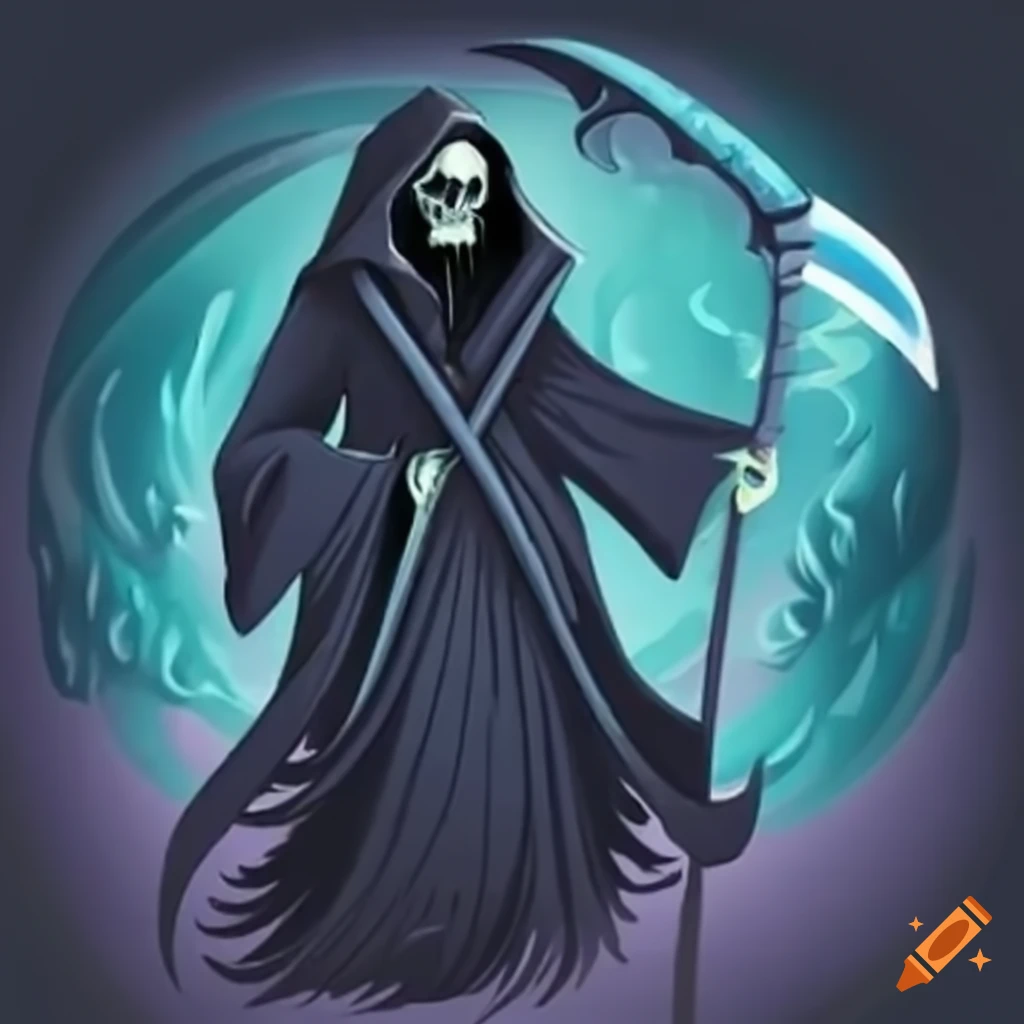 Dark fantasy artwork of a grim reaper with blue fire