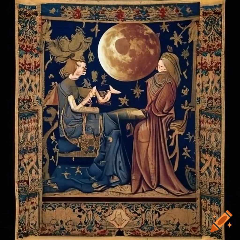 medieval tapestry with moon and stars