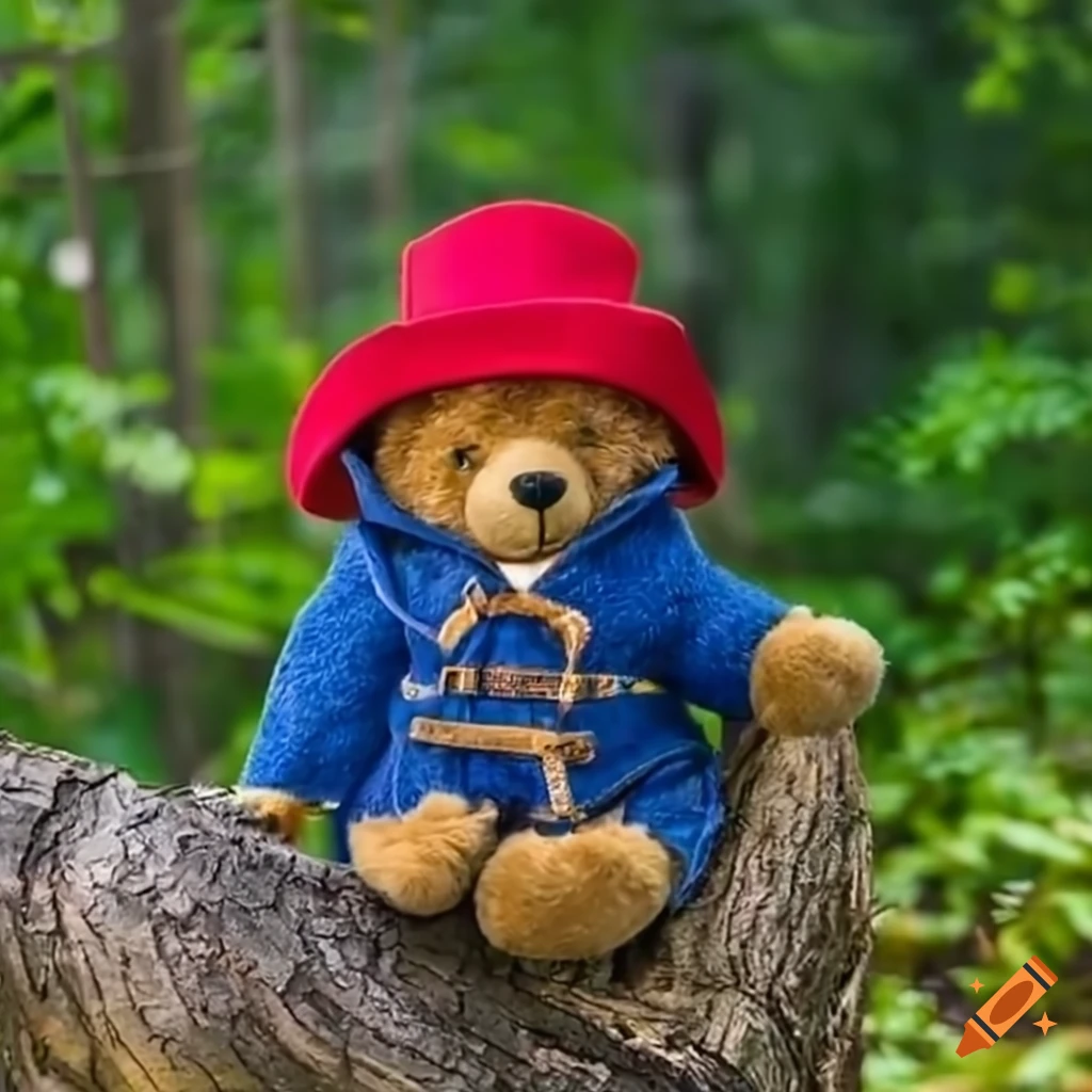 Paddington bear teddy balancing on a tree trunk in the jungle on
