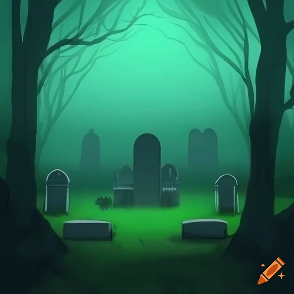Anime-style cemetery with green fog