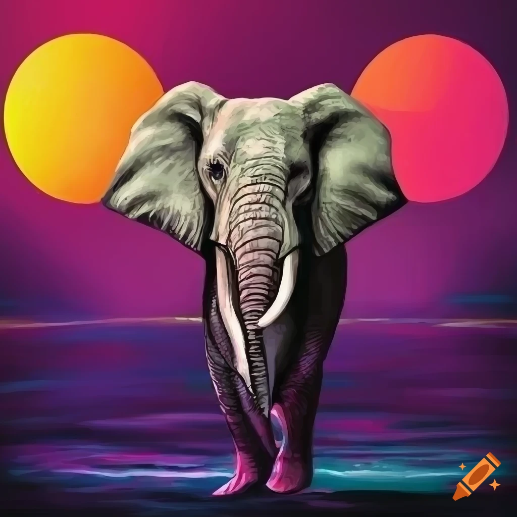 psychedelic artwork of an elephant in front of a sunset