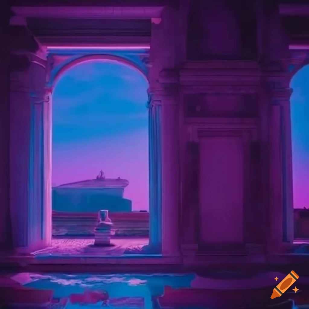 vaporwave-inspired Roman bath house