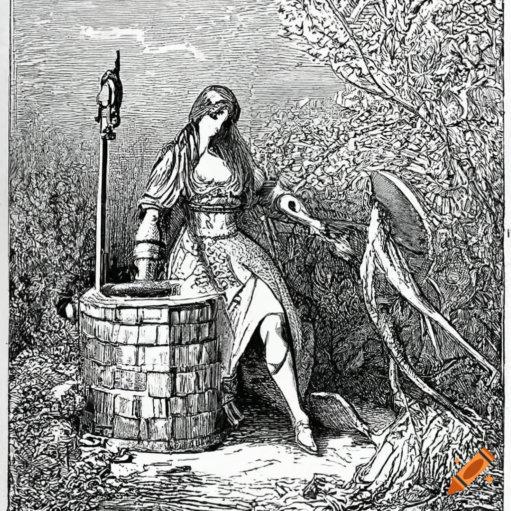 Black and white illustration of a female knight with a magic staff next ...