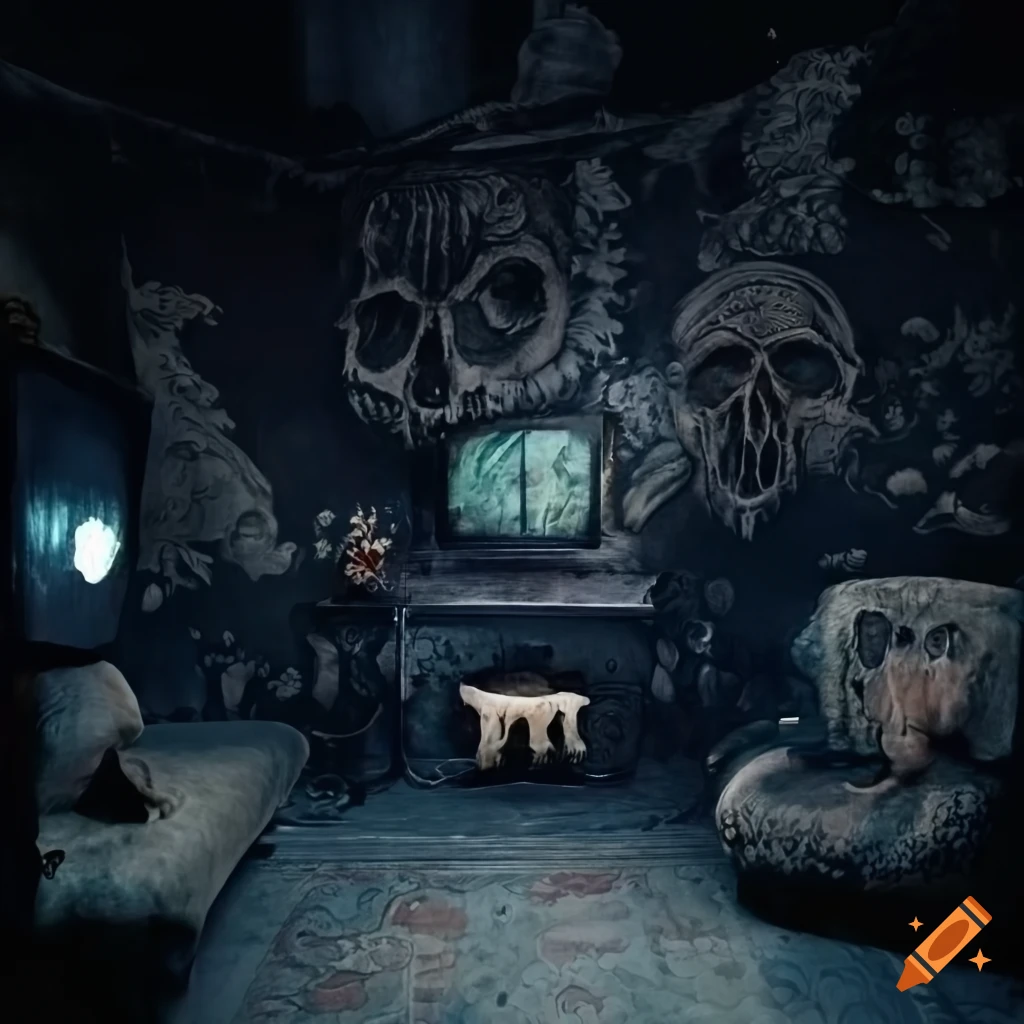 Punk living room with animal skulls and aquarium on Craiyon