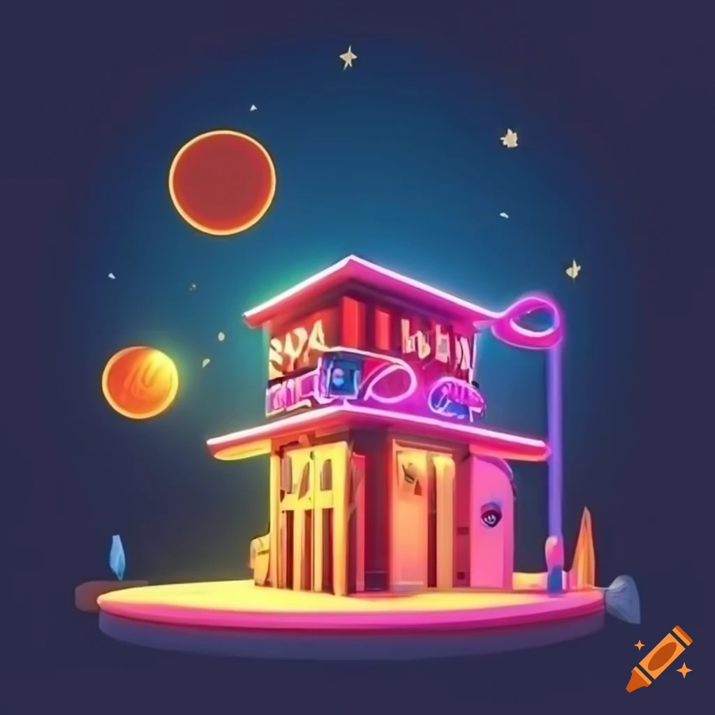isometric view of a motel in the desert at night