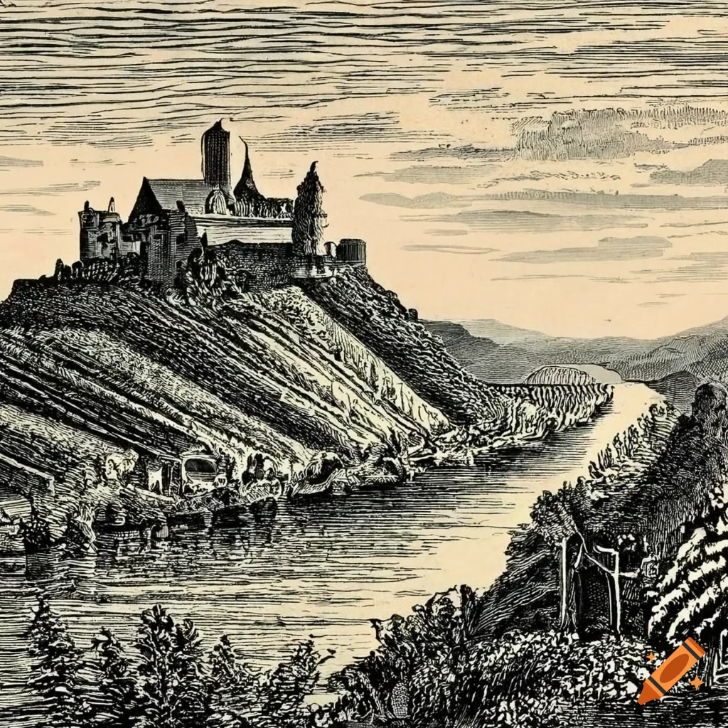 engraving of Moselle landscape with vineyards and castle