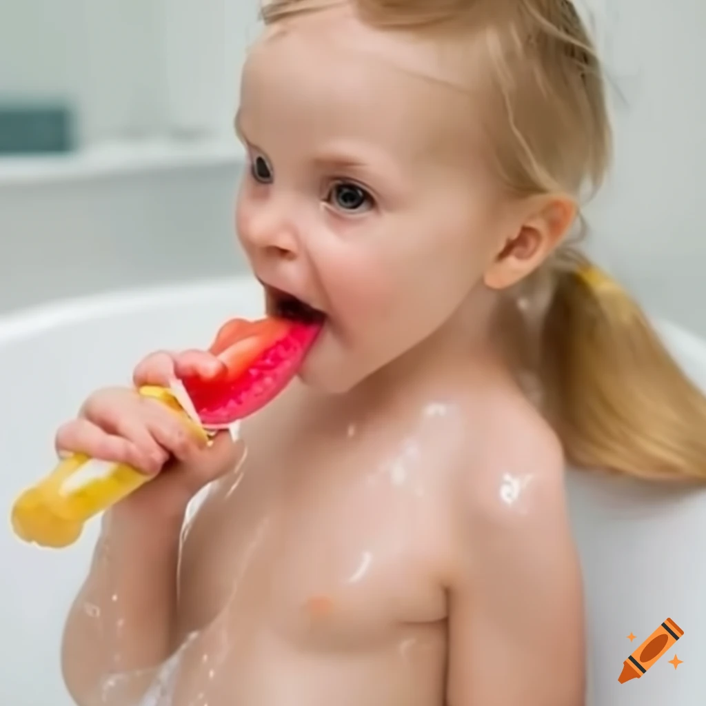 toddler girl enjoying a popsicle in the bath