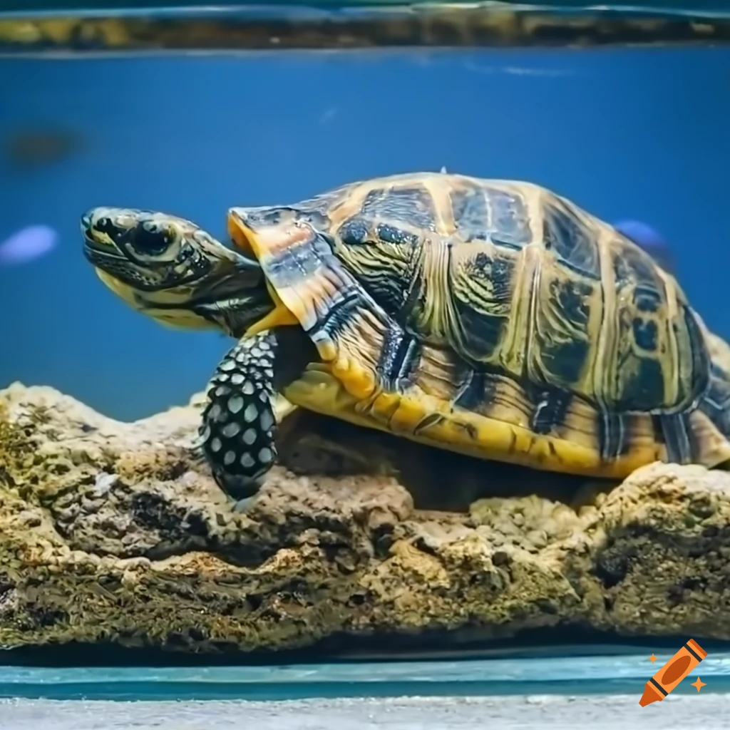 Professional photo of a tortoise swimming in a round aquarium on Craiyon