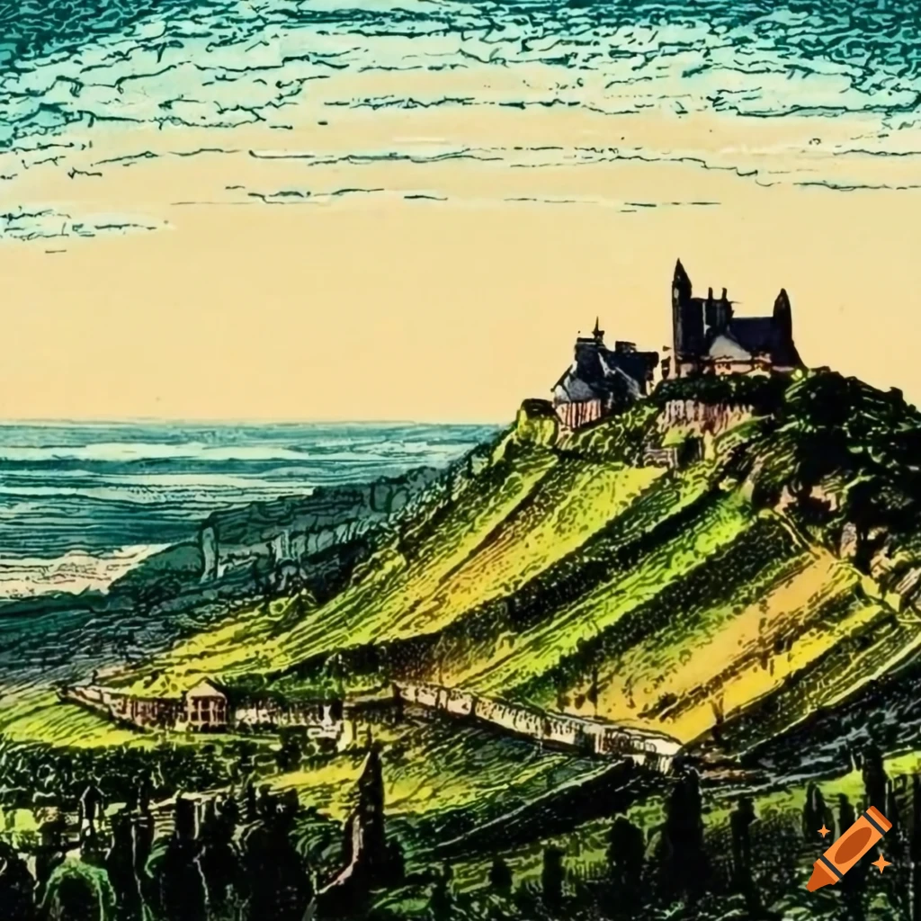 engraving of Moselle landscape with vineyards and castle