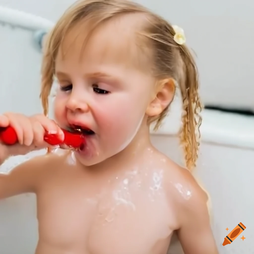toddler girl enjoying a white popsicle in the bath