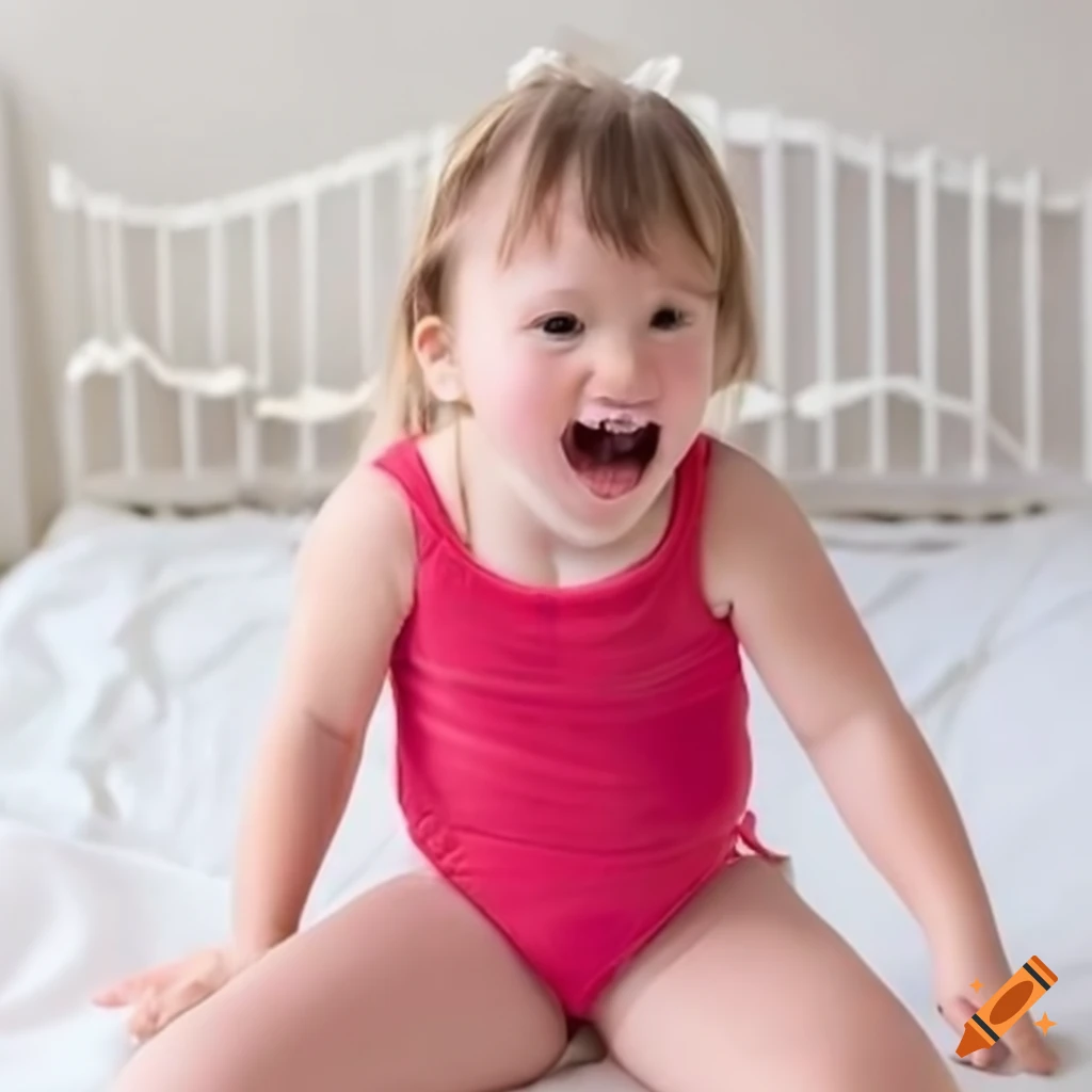 adorable toddler girl in swimsuit with pig tails
