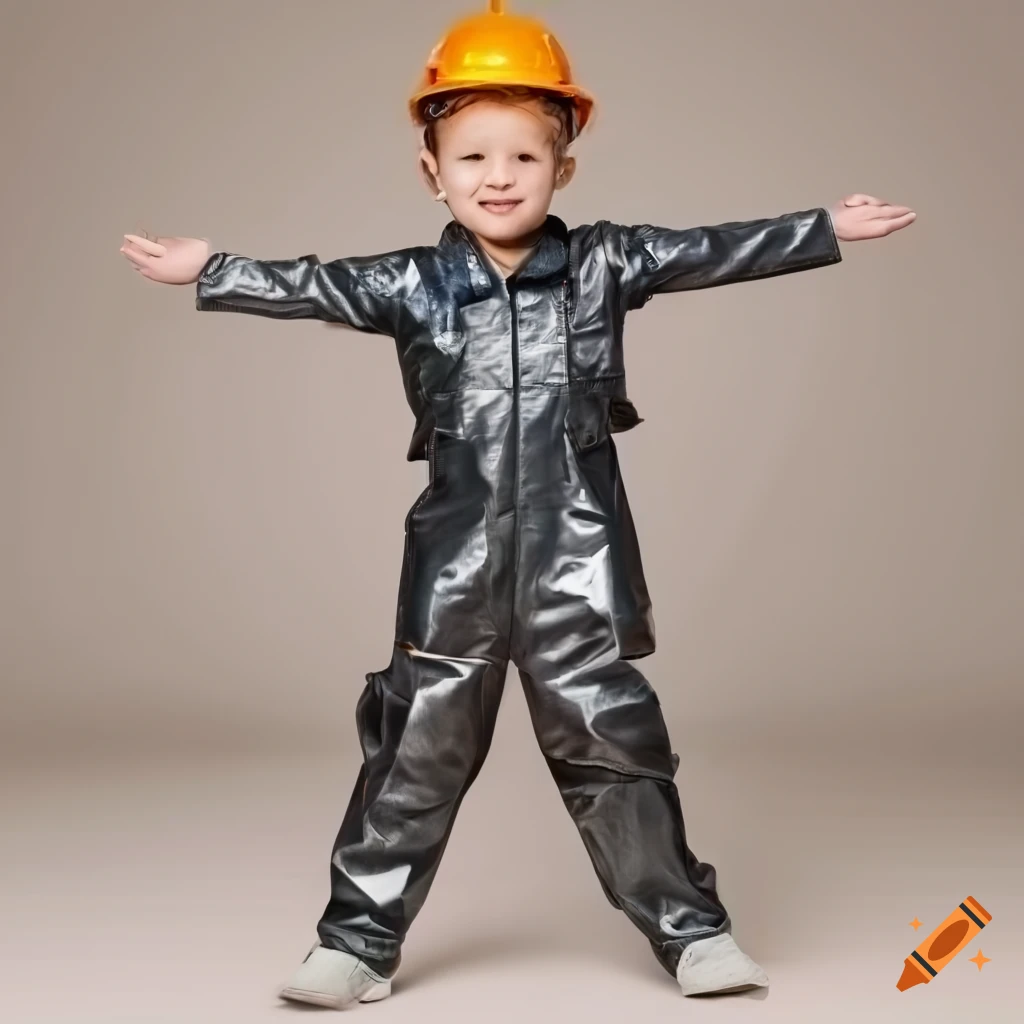 toddler boy in worn workwear outfit on a building site