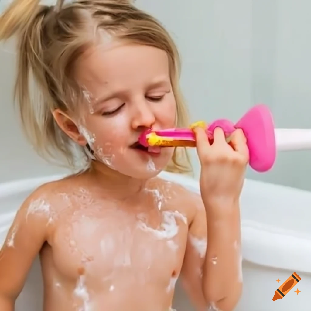 happy toddler girl enjoying a white popsicle in bath