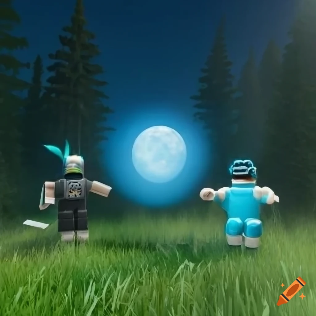 Detailed game icon with two roblox avatars in a moonlit forest